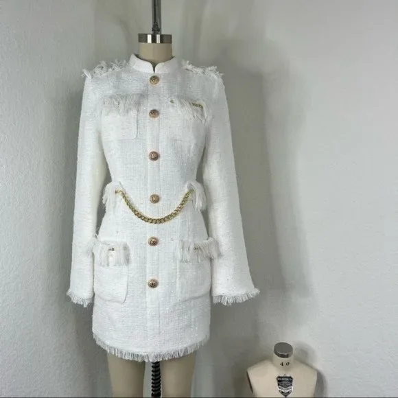 Luxdress Chunky Chain Fringe Button Front Long Sleeve Tweed Mini Dress - Picture 2 of 10